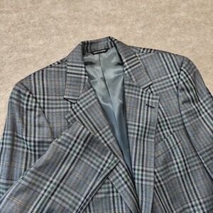Aquascutum London Mens Blazer Jacket 42R Grey Blue Check Plaid Wool Silk Blend
